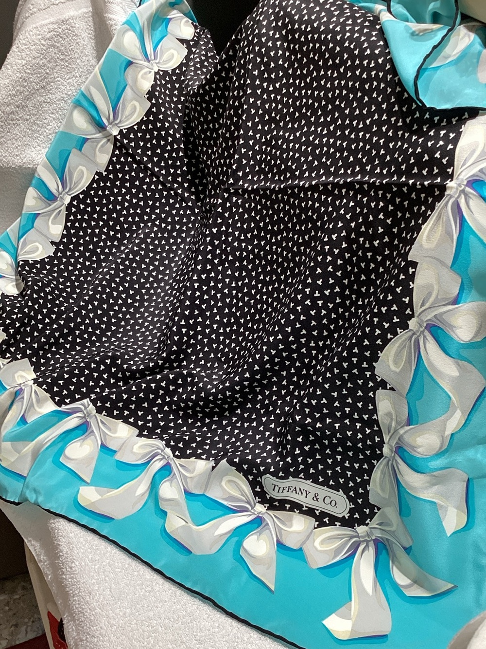 Tiffany & Co. Black Heart Print Scarf with Tiffany Blue Ribbon Border